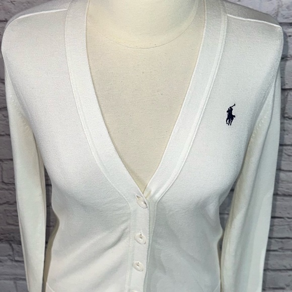 Ralph Lauren Sport Classic White V Neck Button Front Cotton Cardigan Sweater M - Picture 6 of 8